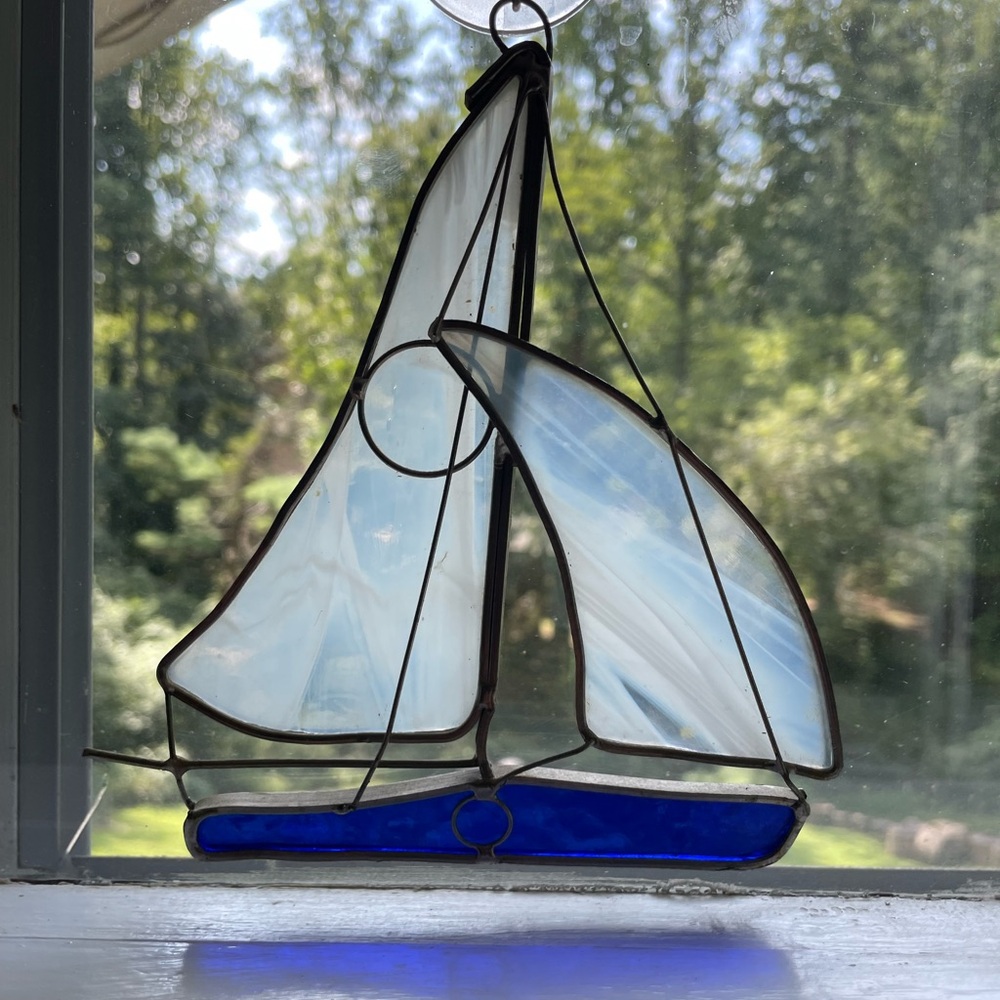 Stained Glass Sailboat Suncatcher / Stained Glass Blue and White